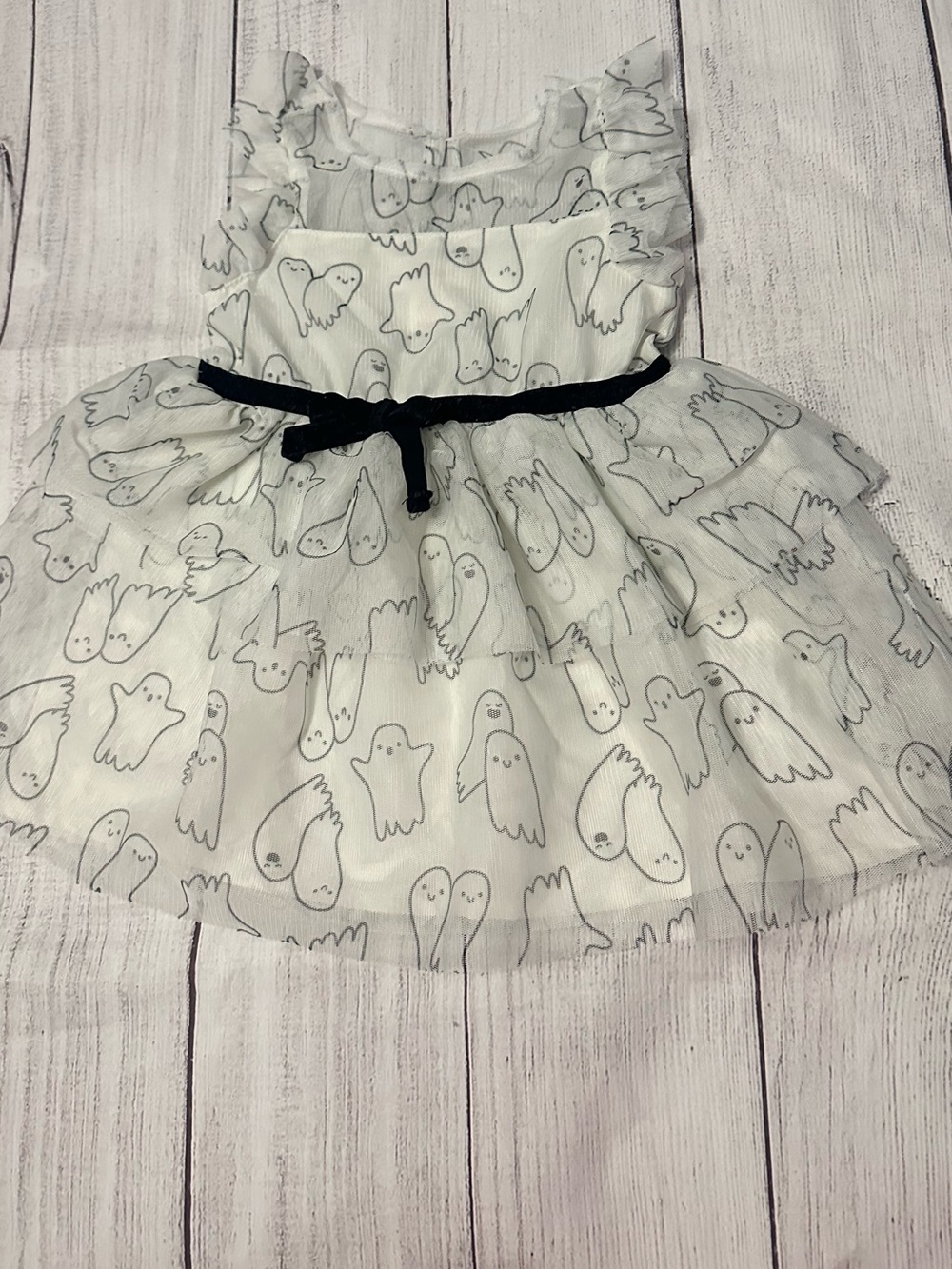 Baby White Ghost Print Tulle Dress with Black Belt